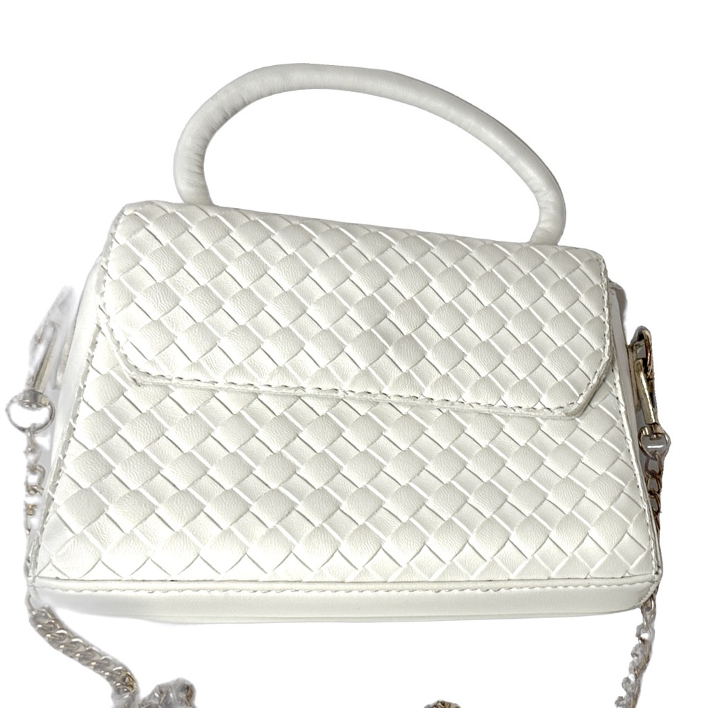 Small Ivory Emperia Faux Leather Woven Top Handle Crossbody Purse Bag ChainStrap